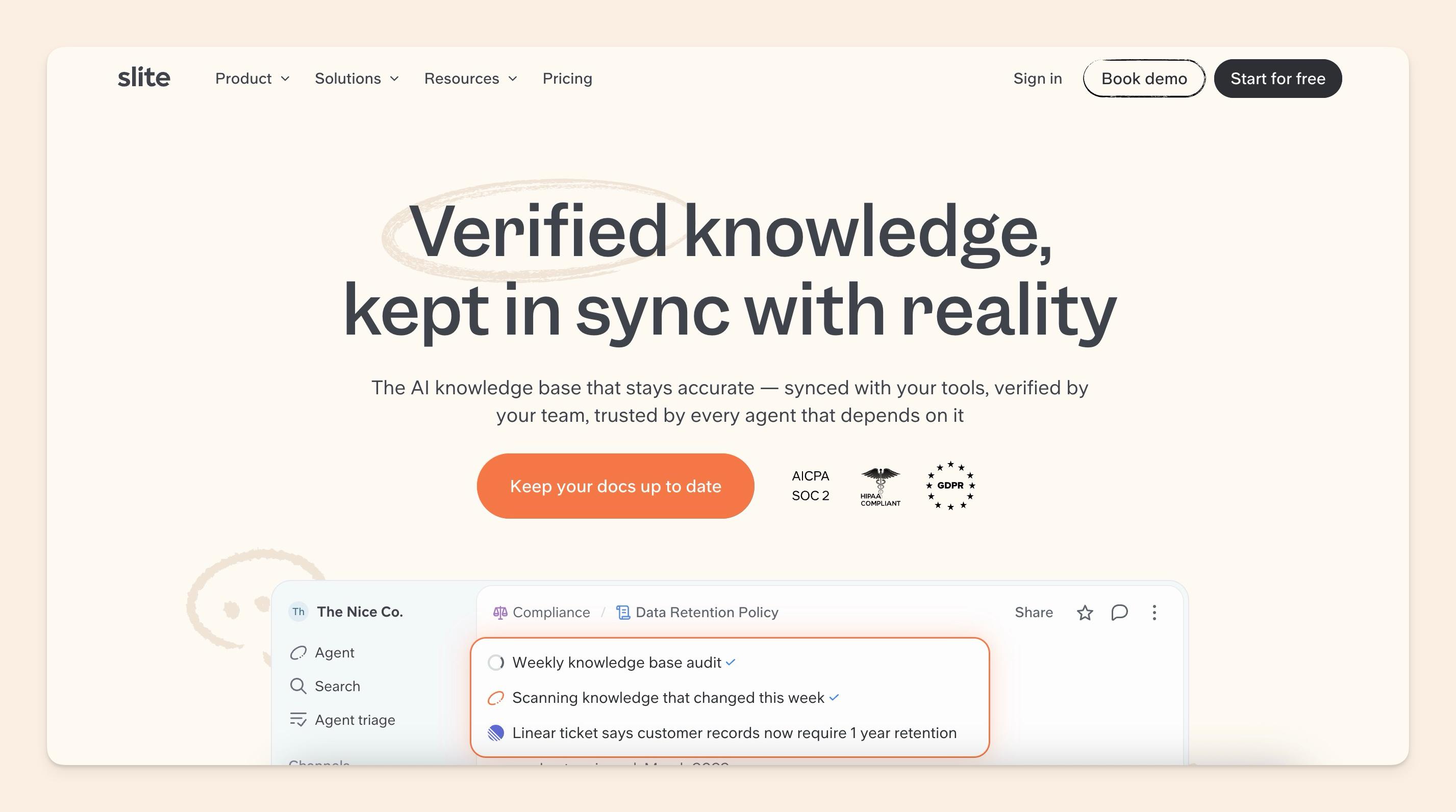 Slite workspace showing the document editor with the channel sidebar and Ask AI search