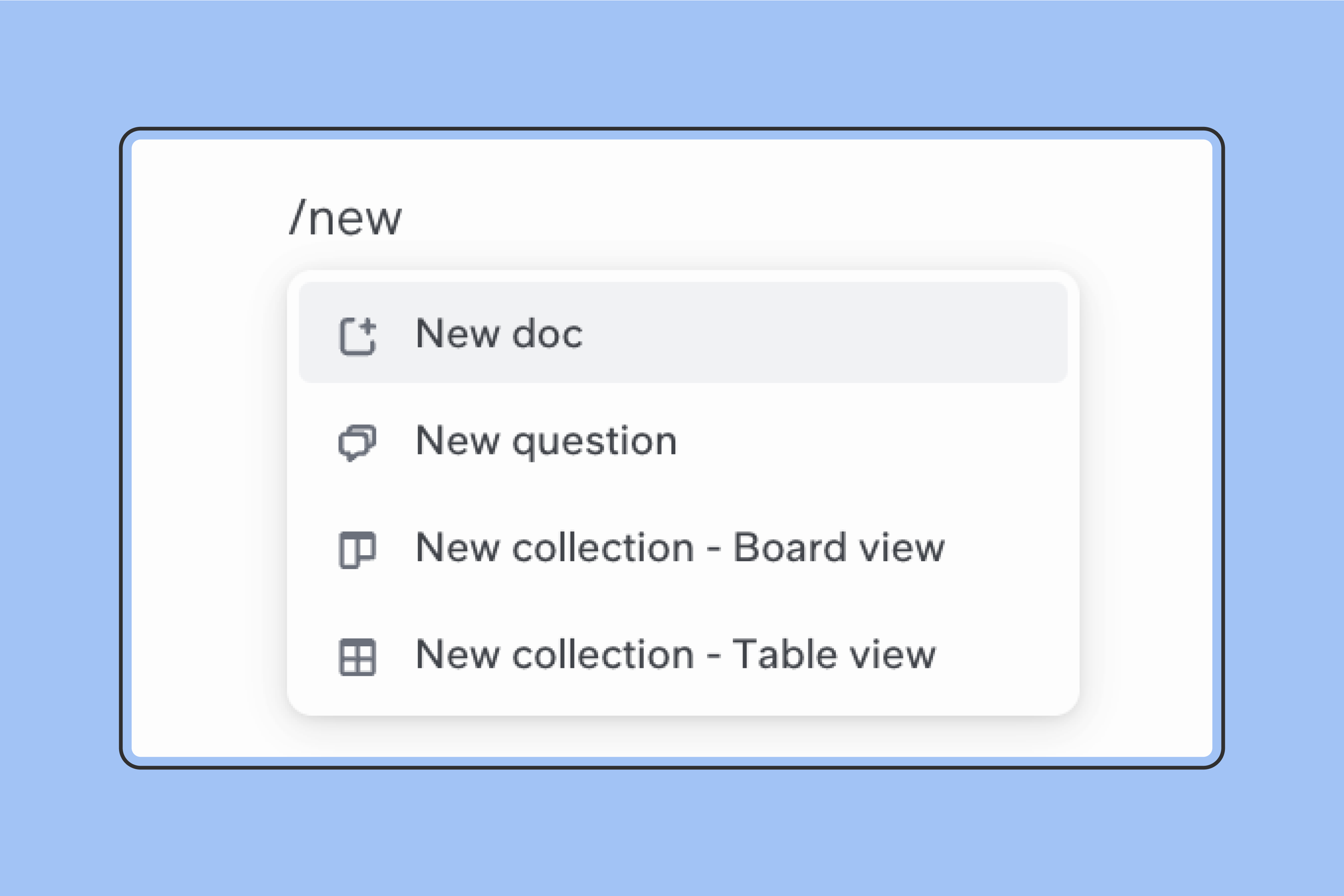 Slite slash-command menu open in the editor with the 'New collection' option highlighted
