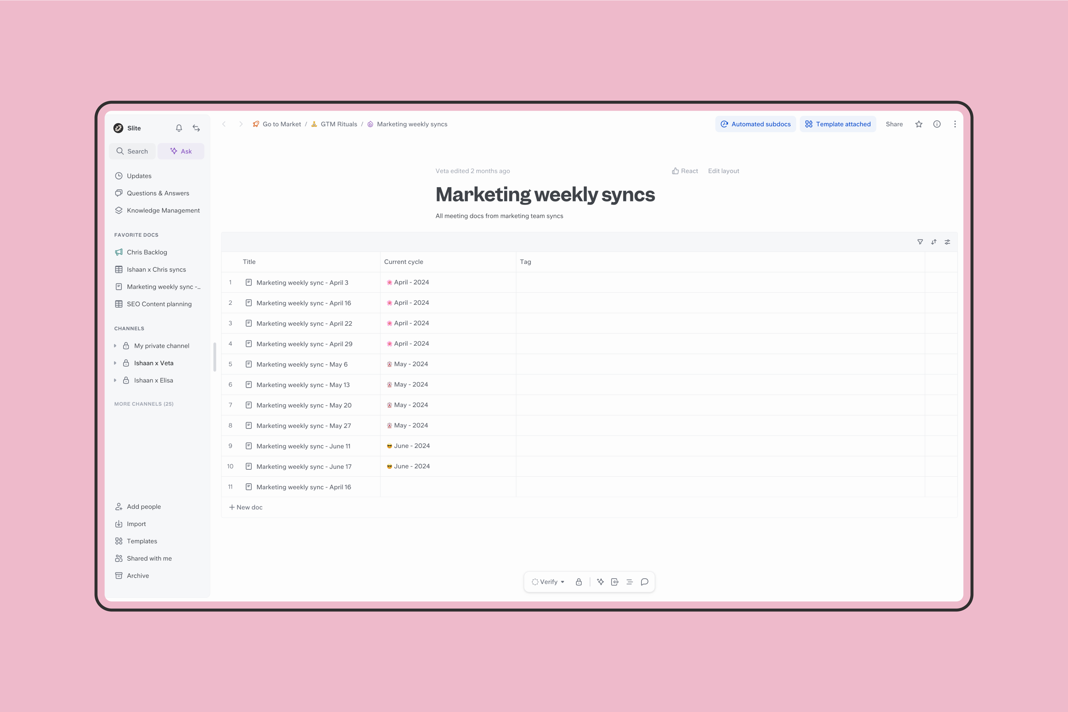 A Slite collection grouping recurring meeting docs together so the team can scan past minutes in one place